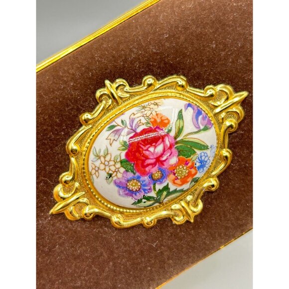 Vintage Gold & Brown Velvet Jewelry Box with Floral Porcelain Accent - Picture 5 of 9